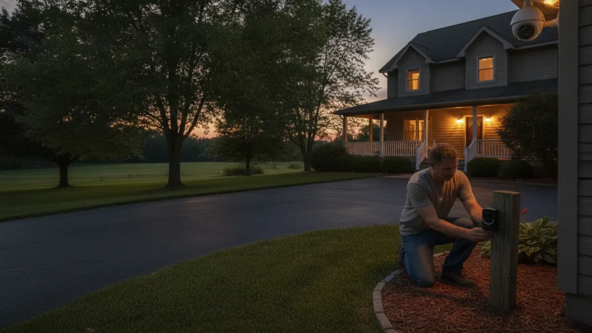 Homeowner installing a wireless driveway motion sensor near a paved driveway at dusk