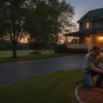 Homeowner installing a wireless driveway motion sensor near a paved driveway at dusk
