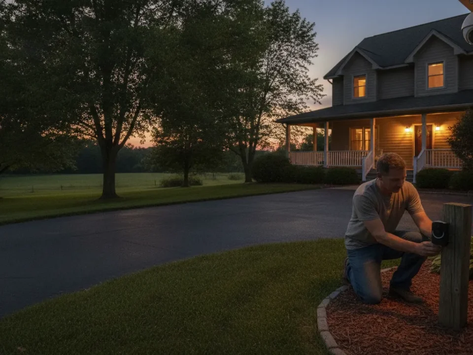 Homeowner installing a wireless driveway motion sensor near a paved driveway at dusk