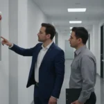 Property manager reviewing a fire alarm control panel during an inspection walkthrough