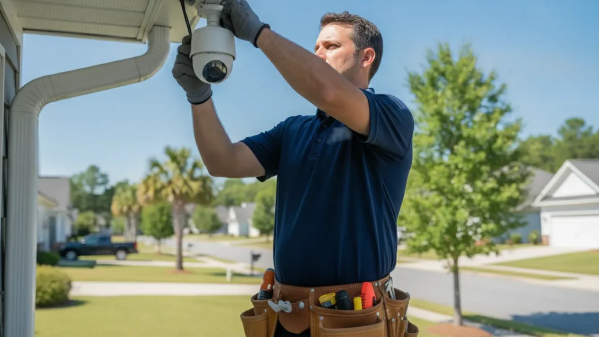 Professional technician mounting a white security camera on a suburban home eave