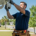 Professional technician mounting a white security camera on a suburban home eave