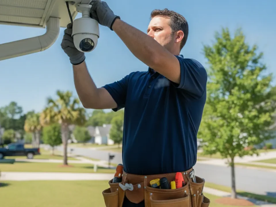 Professional technician mounting a white security camera on a suburban home eave