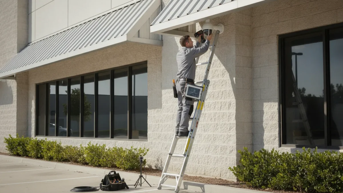 Technician mounting a commercial security camera on the exterior of a business building
