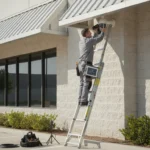 Technician mounting a commercial security camera on the exterior of a business building