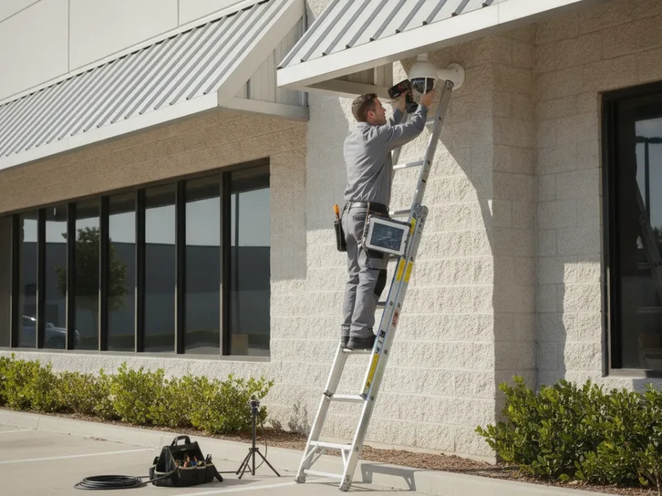Technician mounting a commercial security camera on the exterior of a business building