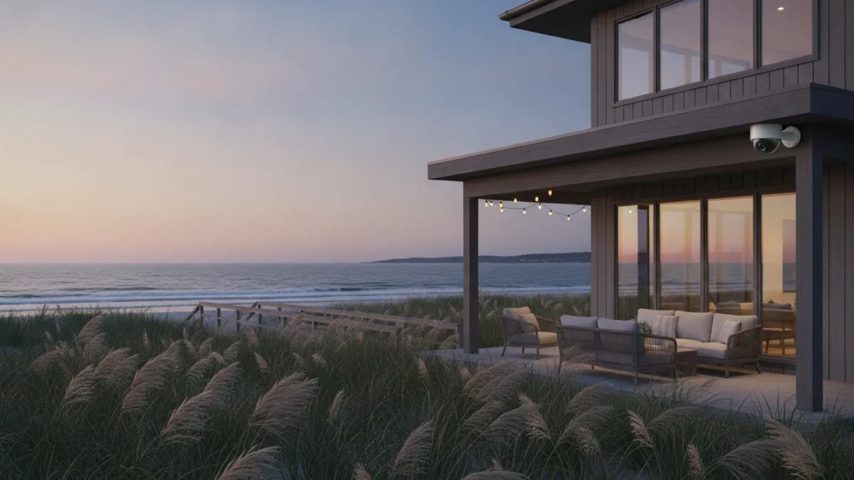 Coastal South Carolina vacation home with a security camera installed under the porch eave at dusk