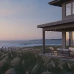 Coastal South Carolina vacation home with a security camera installed under the porch eave at dusk