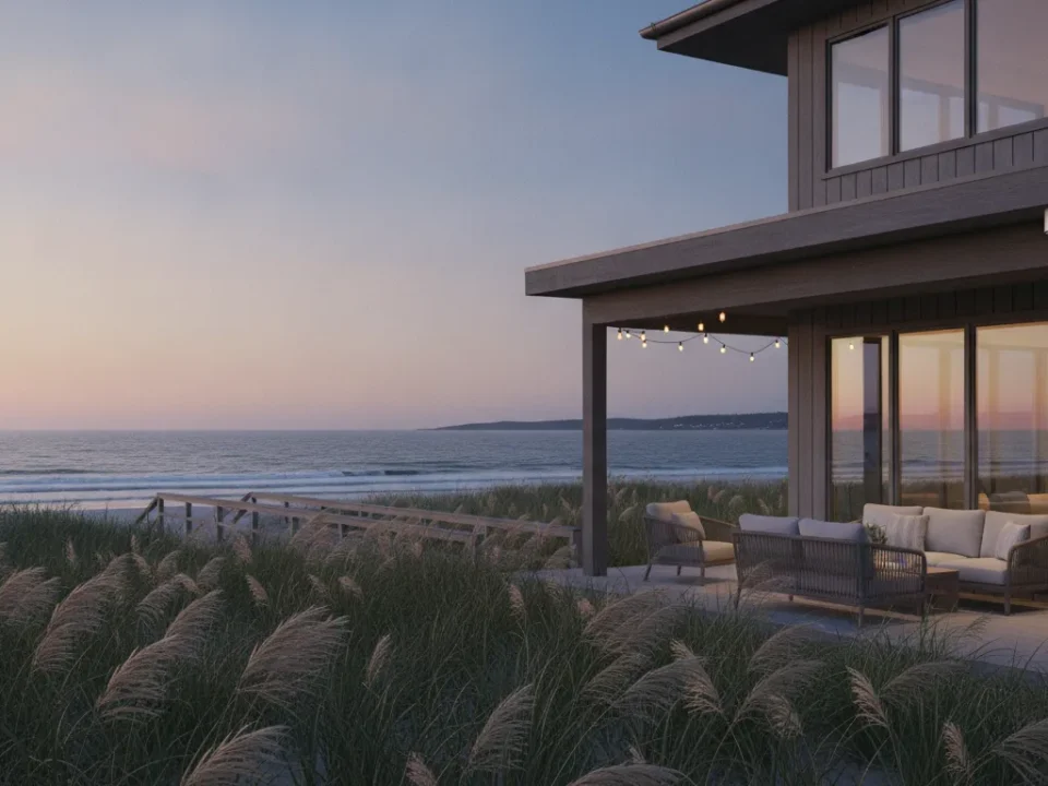 Coastal South Carolina vacation home with a security camera installed under the porch eave at dusk