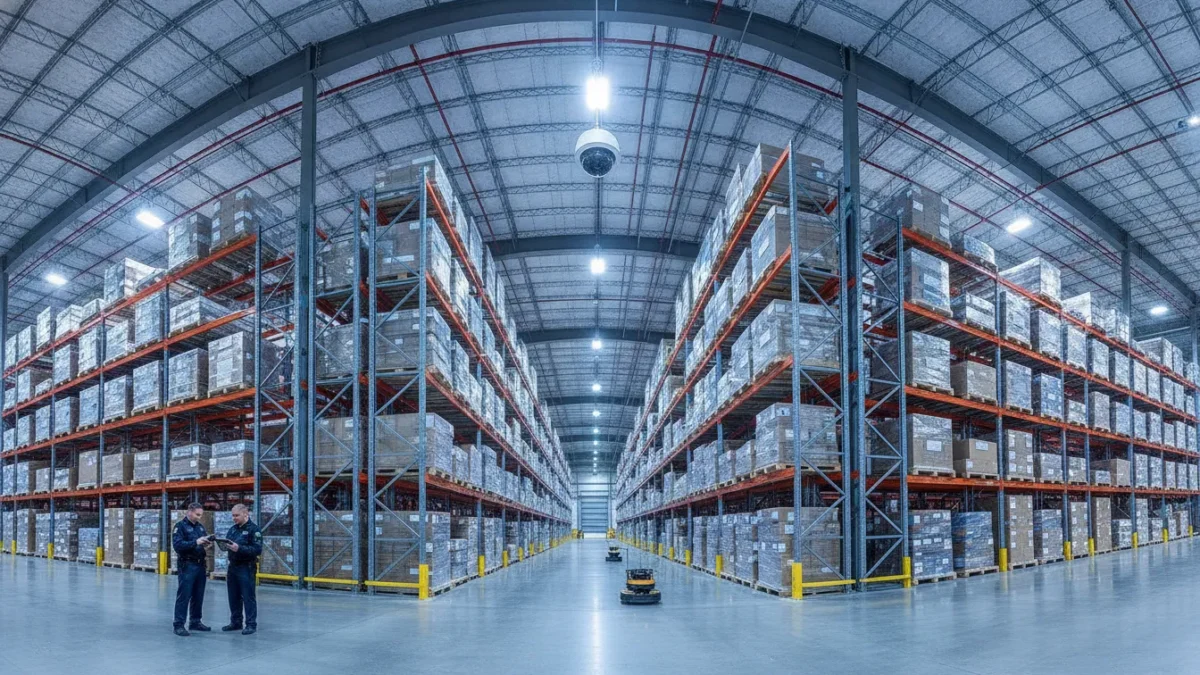Modern warehouse with security camera and shelving