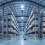 Modern warehouse with security camera and shelving