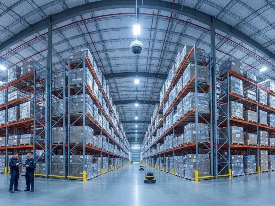Modern warehouse with security camera and shelving