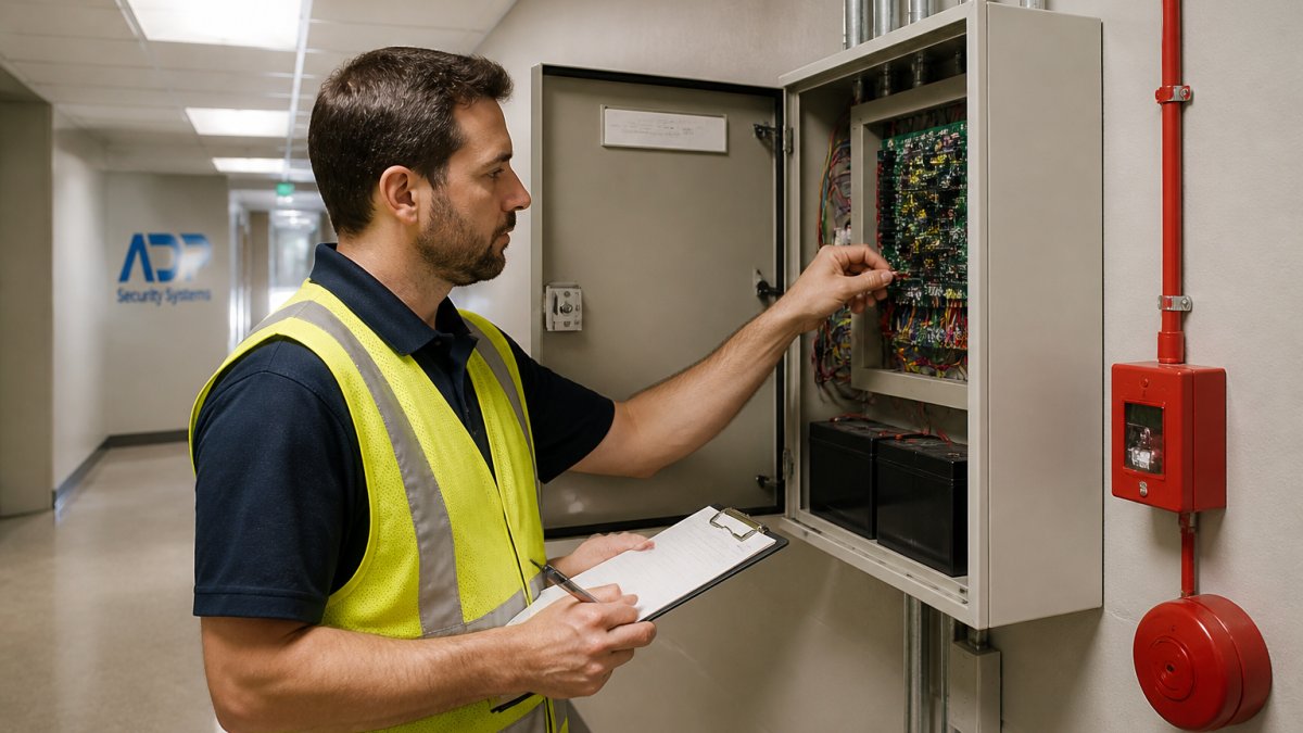 Technician in safety vest inspecting fire alarm control panel and existing wiring in commercial building corridor, holding clipboard and examining device connections with focused attention