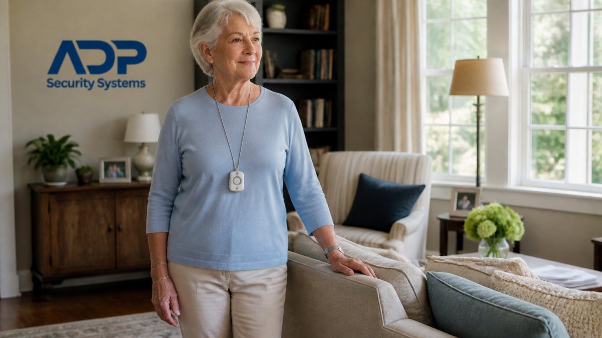 Senior adult standing confidently in a bright, comfortable living room near furniture, appearing calm and independent