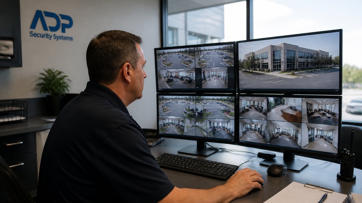 A facility manager in a modern office reviewing live security camera feeds on multiple monitors, with a commercial building exterior visible on the screens