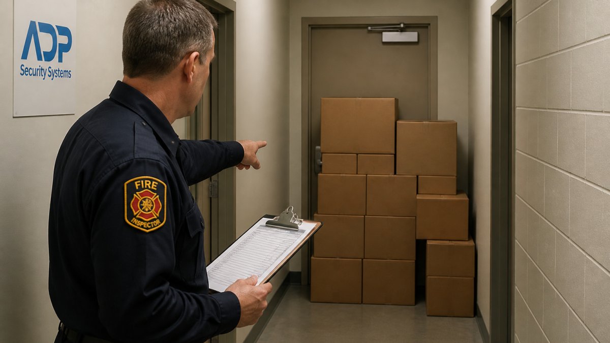 A fire inspector in uniform with a clipboard examining a commercial hallway where boxes are stacked in front of an exit door, pointing at the obstruction