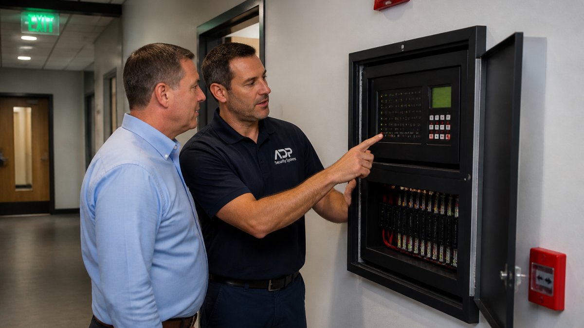 Facility manager reviewing fire alarm control panel status with professional technician in modern building corridor with emergency lighting visible