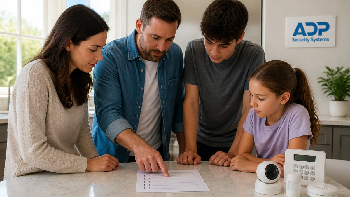 Family reviewing a home security culture checklist together in a sunlit kitchen