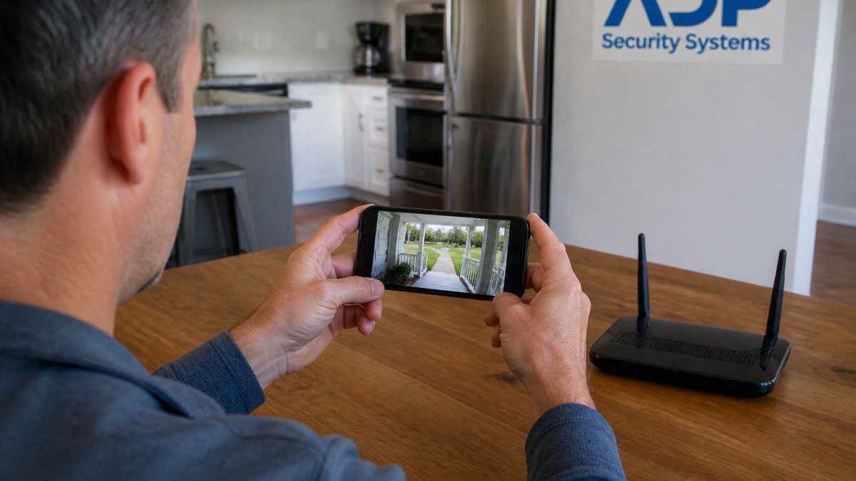 A homeowner sitting at a kitchen table holding a smartphone showing a security camera app with a live feed of a front porch, with a Wi-Fi router visible in the background