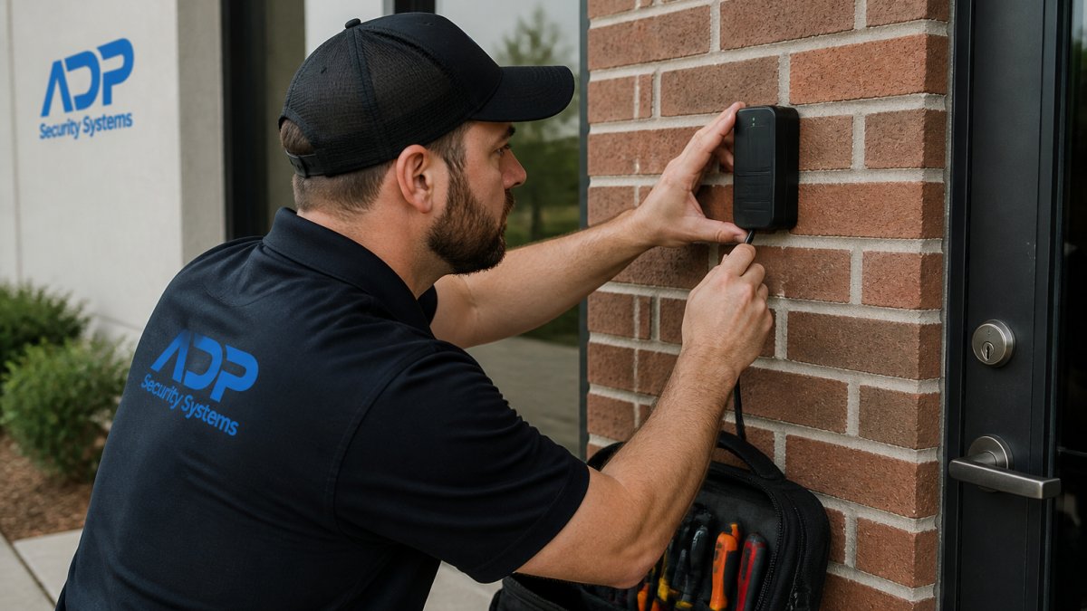 Technician installing a modern access control reader to upgrade commercial security systems on a brick wall