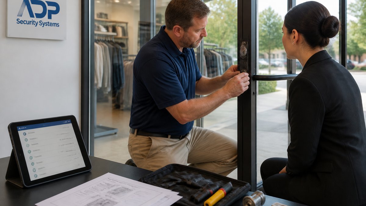 A retail store manager and a security technician installing a smart lock on a glass storefront door, with a tablet showing an access control app nearby