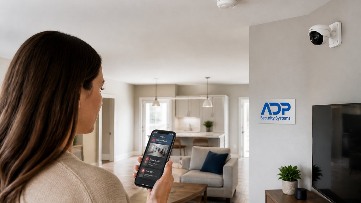 Homeowner monitoring integrated life safety solutions on a smartphone in a modern living room with visible sensors.