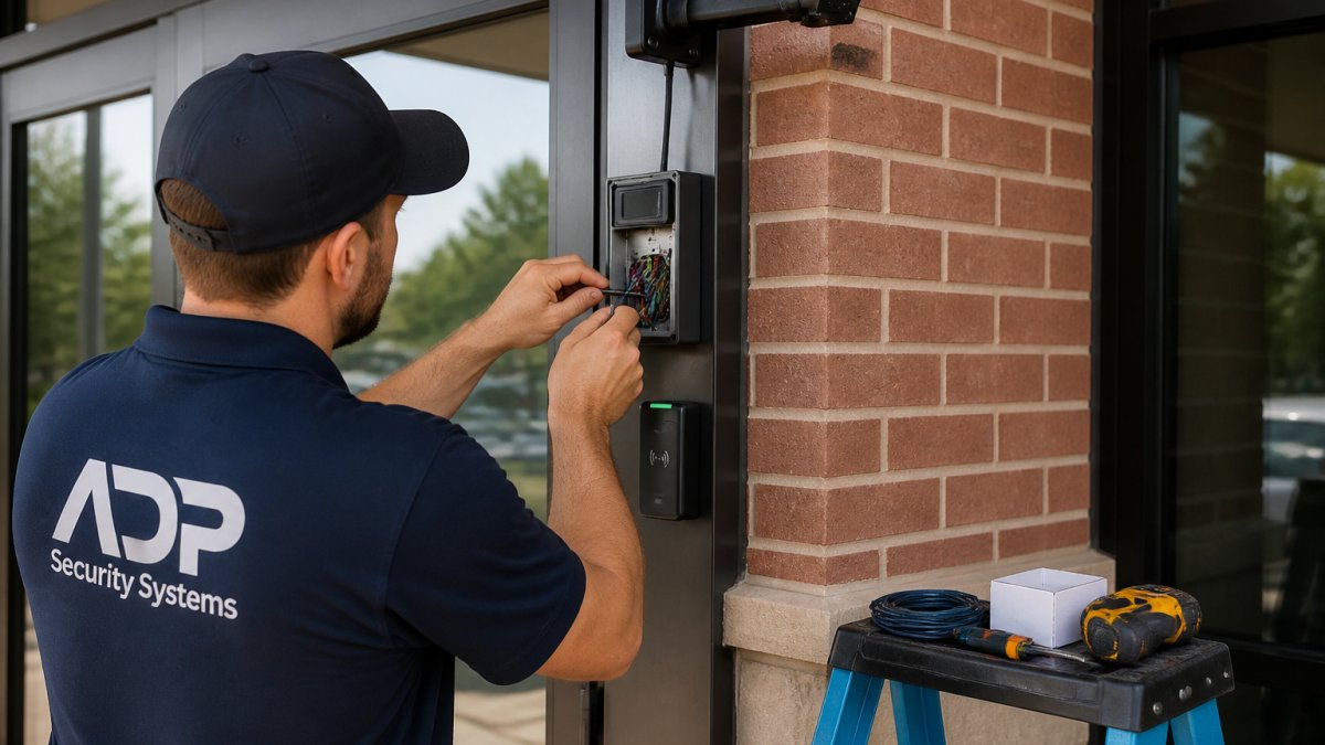 Technician installing an access control reader while integrating video surveillance with access control at a doorway