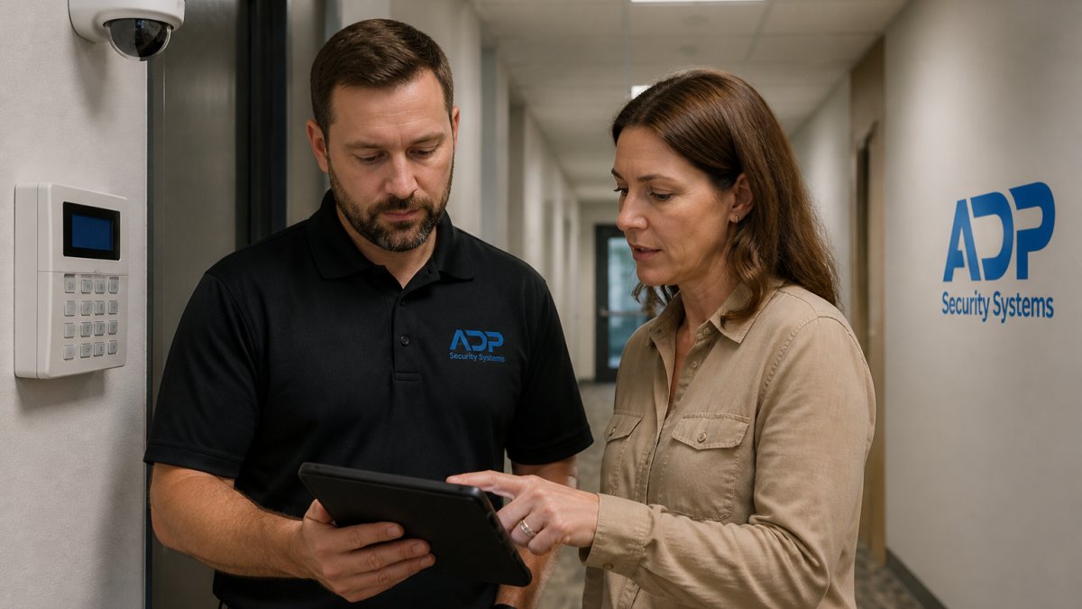 Consultant and facility manager reviewing a security system migration plan on a tablet in a hallway