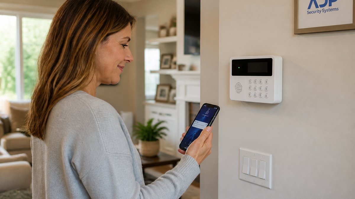 A homeowner in a well-lit living room looking at a smartphone showing a security app notification, with a modern alarm panel visible on the wall behind them